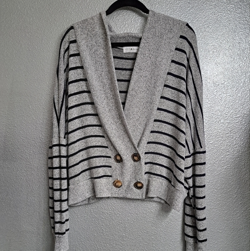 Coco & Main Striped Cardigan heathered grey & blue striped,  Size M